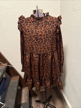 SHEIN Brown Leopard Print Ruffle Long Sleeve Dress